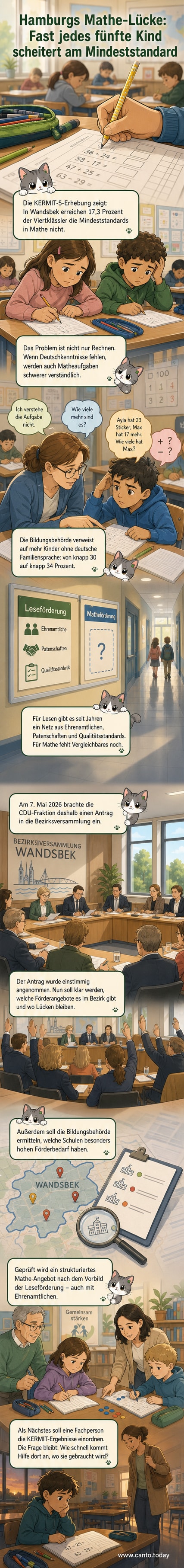 Illustration einer Grundschulklasse, in der einige Kinder ratlos vor Mathe-Aufgaben stehen, während andere mit Hilfe von ehrenamtlichen Paten üben – im Hintergrund ein Whiteboard mit Zahlen und deutschen Wörtern.