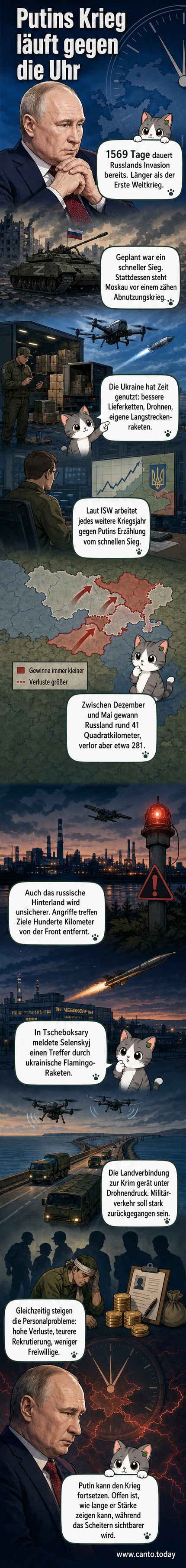 Eine Weltkarte mit roten und grünen Markierungen zeigt den Frontverlauf im Ukraine-Krieg, daneben eine Uhr mit rückwärts laufendem Zifferblatt – Symbol für Putins schwindende Zeit.