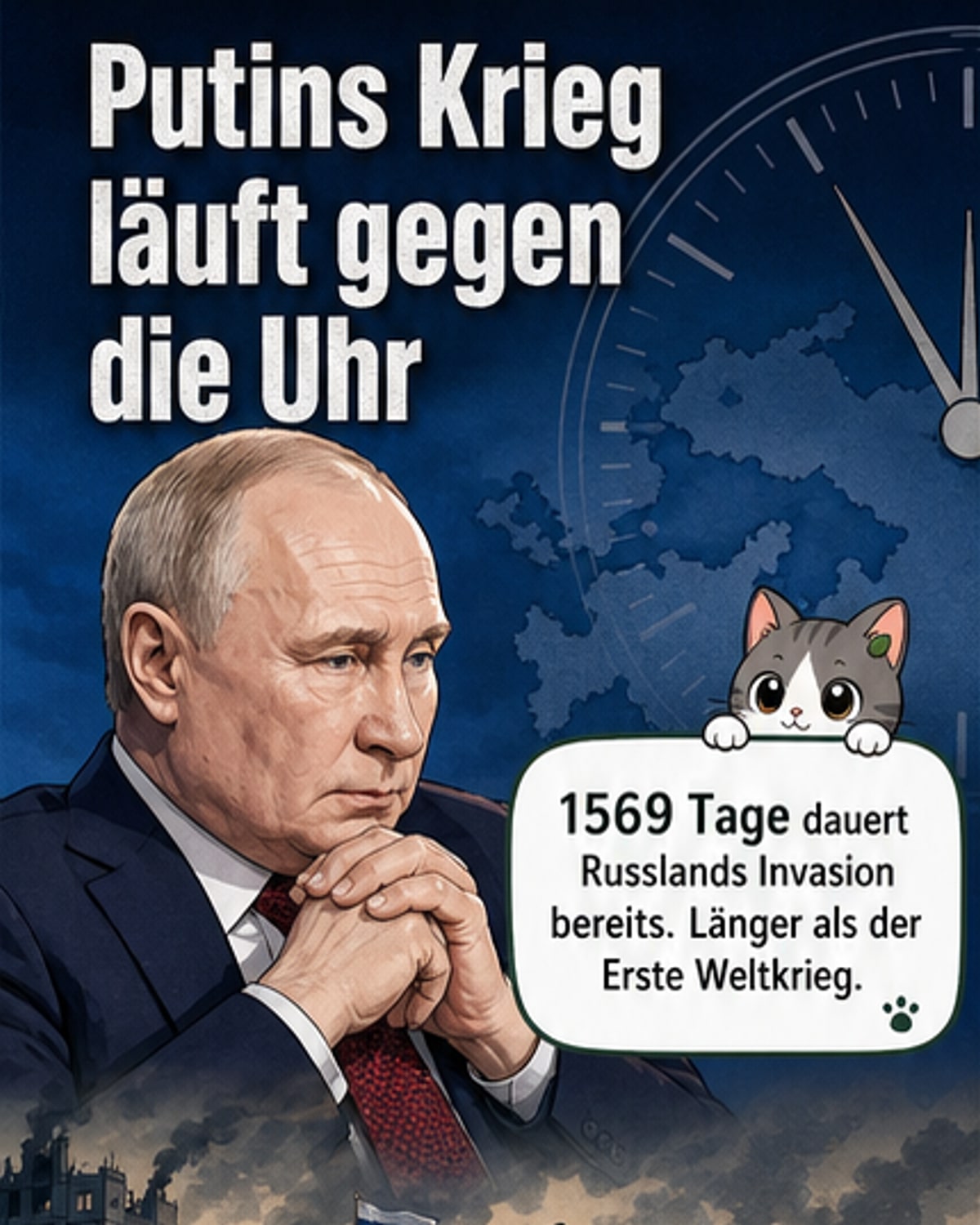 Eine Weltkarte mit roten und grünen Markierungen zeigt den Frontverlauf im Ukraine-Krieg, daneben eine Uhr mit rückwärts laufendem Zifferblatt – Symbol für Putins schwindende Zeit.