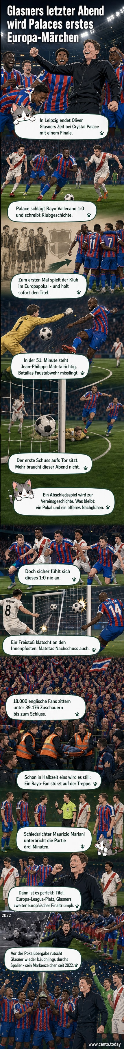 Oliver Glasner feiert mit Spielern von Crystal Palace nach dem Sieg im Conference-League-Finale in Leipzig.