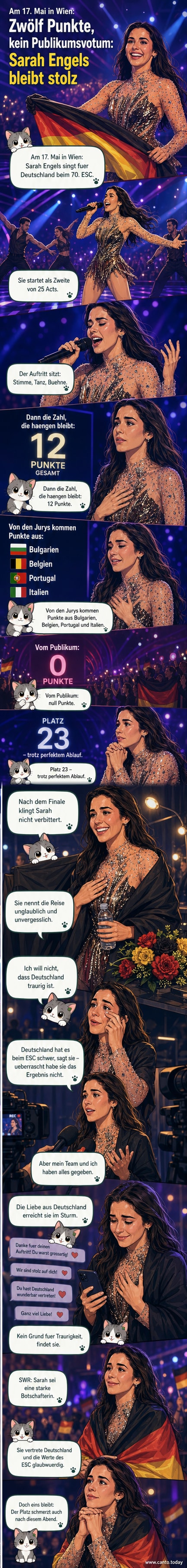Sarah Engels steht strahlend nach ihrem Auftritt auf der ESC-Bühne, Hintergrund mit bunten Lichtern und Applaus.