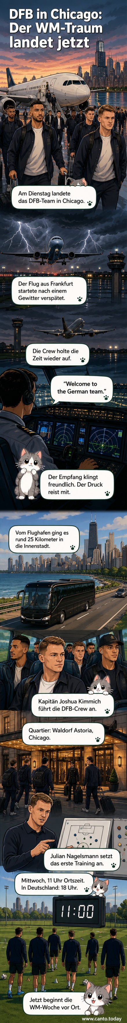 Fußballspieler der deutschen Nationalmannschaft verlassen ein Flugzeug in Chicago, im Hintergrund das Stadionlicht und eine Menschenmenge.