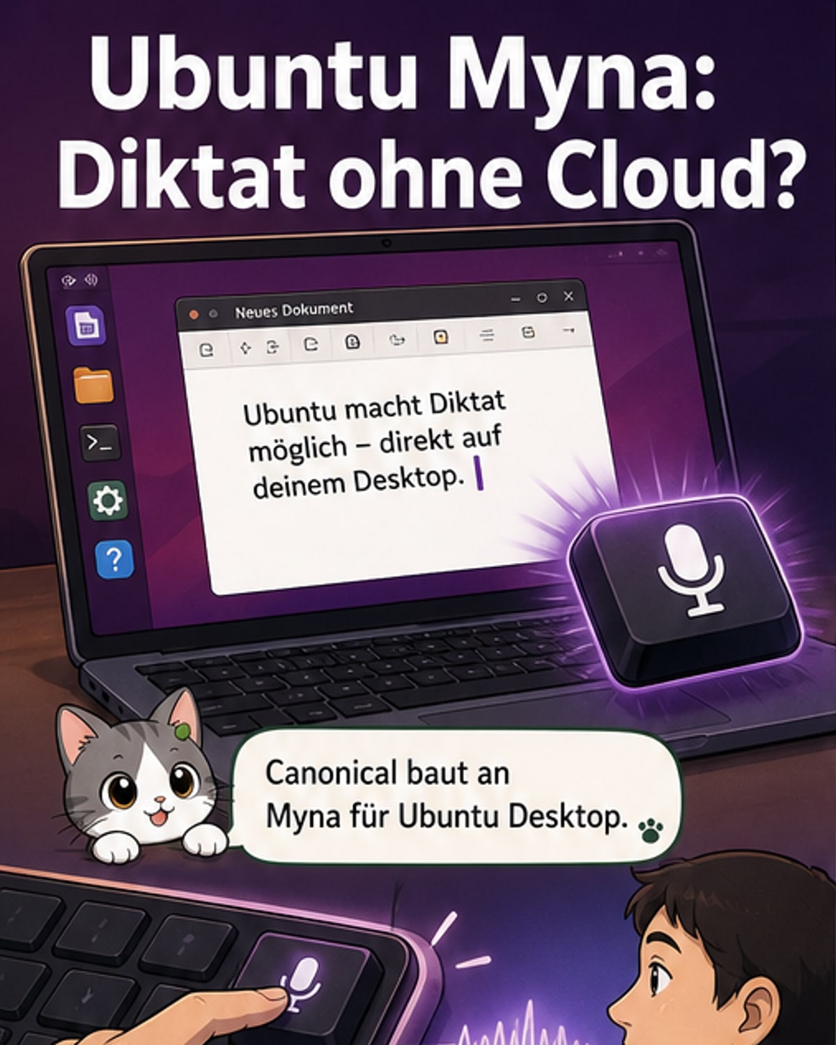 Illustration eines Linux-Desktops mit Mikrofon-Symbol und Sprechblase, aus der Text in ein Textverarbeitungsprogramm fließt – alles mit lokaler Verarbeitung im Hintergrund.