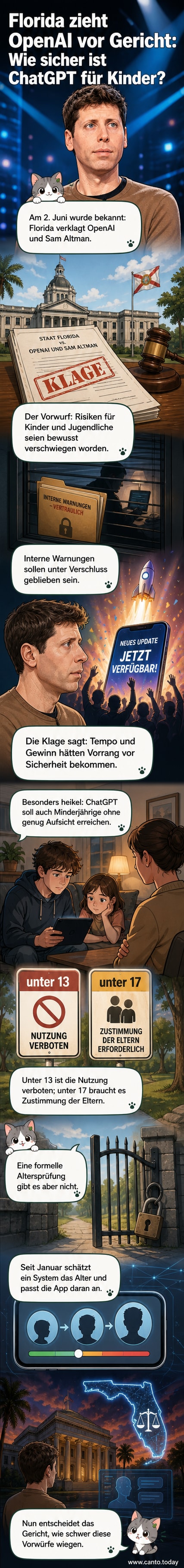 Illustration eines Chatfensters mit Warnsymbol, davor ein Kind im Schatten eines großen KI-Roboters – symbolisch für die Debatte um digitale Jugendsicherheit und OpenAI.