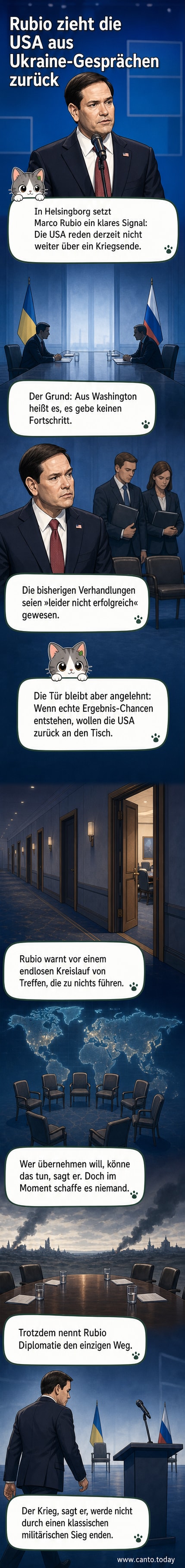 Illustration eines leeren Verhandlungstisches mit US-Flagge, die langsam eingezogen wird, während im Hintergrund die Silhouetten von Kyjiw und Moskau sichtbar sind.
