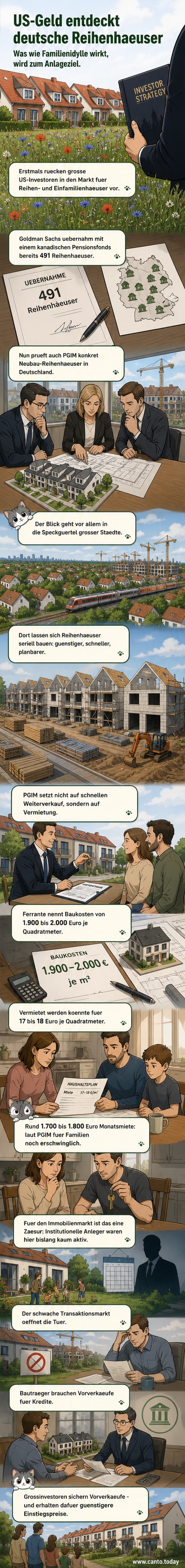 Illustration eines modernen Reihenhauses in einer Neubausiedlung vor stadtnaher Lage, mit Logo von PGIM und deutscher Flagge im Hintergrund.
