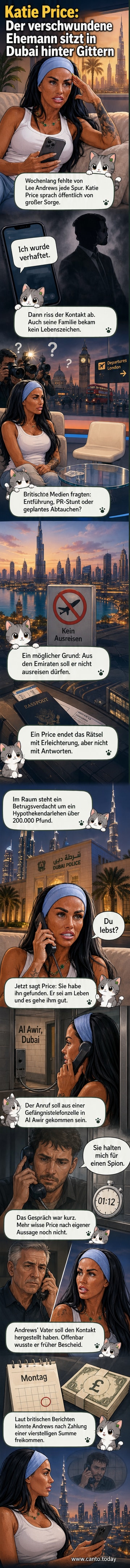 Katie Price und ihr Ehemann Lee Andrews bei einer öffentlichen Auftritt, Hintergrund mit Dubai-Skyline und Gefängnisgittern überlagert