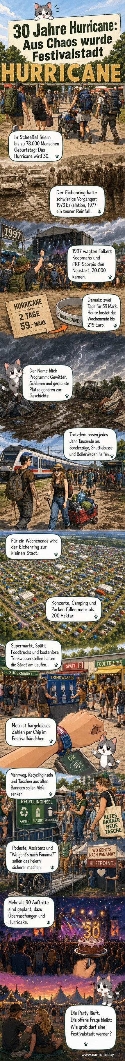 Menschen feiern auf dem Hurricane-Festival in Scheeßel – Zelte, Bühnen und Lichter im Hintergrund, eine bunte, lebendige Festivalatmosphäre.