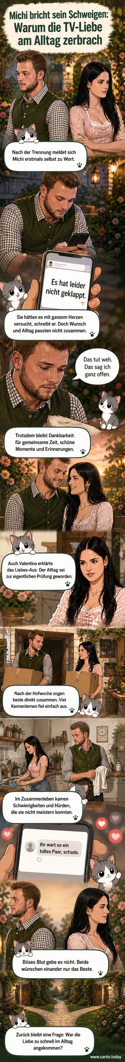 Michi und Valentina von „Bauer sucht Frau“ im glücklichen Paarfoto, umrahmt von traurigen und nachdenklichen Gesichtern nach der Trennung