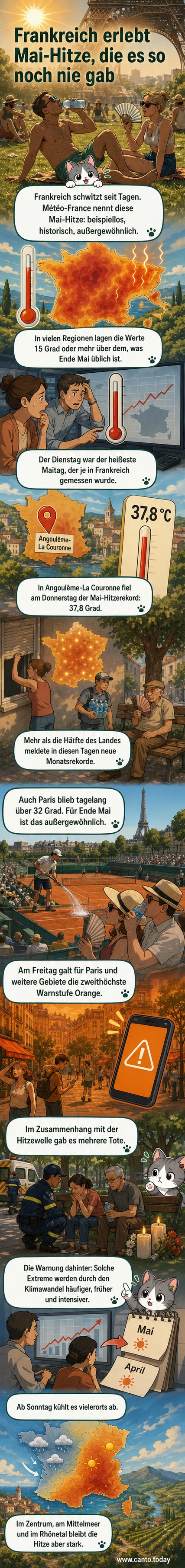 Illustration einer heißen französischen Stadtlandschaft mit Thermometer, das über 35 °C anzeigt, Rauch über Dächern und durstigen Bäumen.