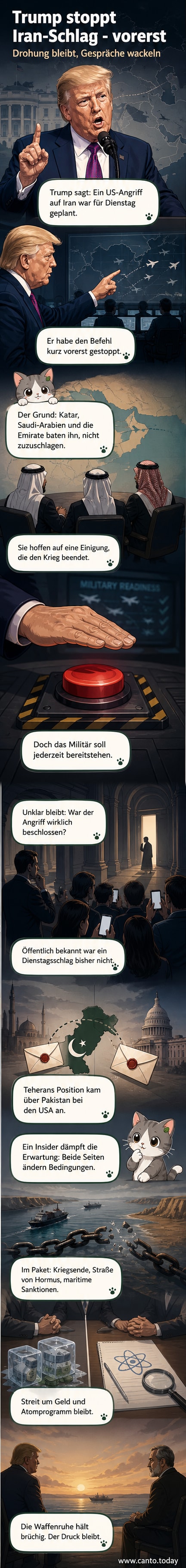 Illustration eines US-Präsidenten, der vor einer Karte des Nahen Ostens steht, während Militärschiffe und Flugzeuge in der Nähe des Iran positioniert sind.