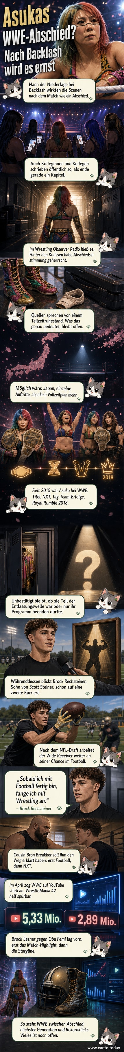 Illustration eines Wrestling-Rings mit Asuka im Hintergrund im emotionalen Abschiedsszenario und Brock Rechsteiner im Vordergrund, der ein Football unter den Arm klemmt und auf einen Wrestling-Gürtel blickt.