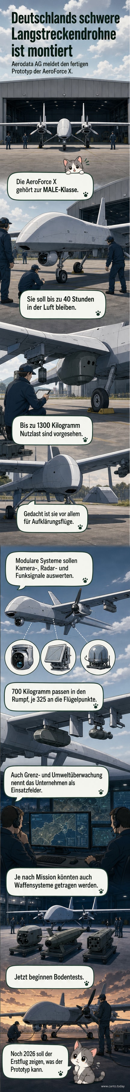 Künstlerische Darstellung der deutschen Langstreckendrohne AeroForce X im Flug über einer bewölkten Landschaft mit technischen Daten im Hintergrund.