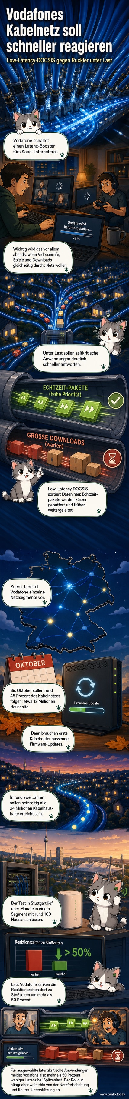 Illustration eines Kabelnetzes mit Datenpaketen, bei dem Echtzeit-Daten wie Videocalls und Spiele vor Hintergrund-Downloads priorisiert werden.