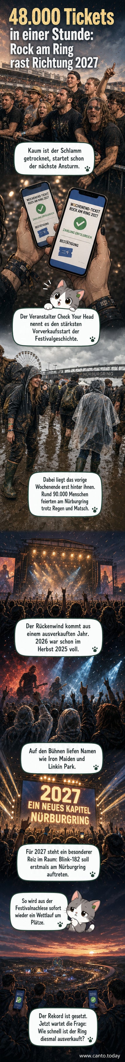 Illustration des Nürburgrings bei Regen, Menschenmassen mit Festivalbänden, im Hintergrund Bühne mit Bandnamen wie Blink-182 und Iron Maiden.