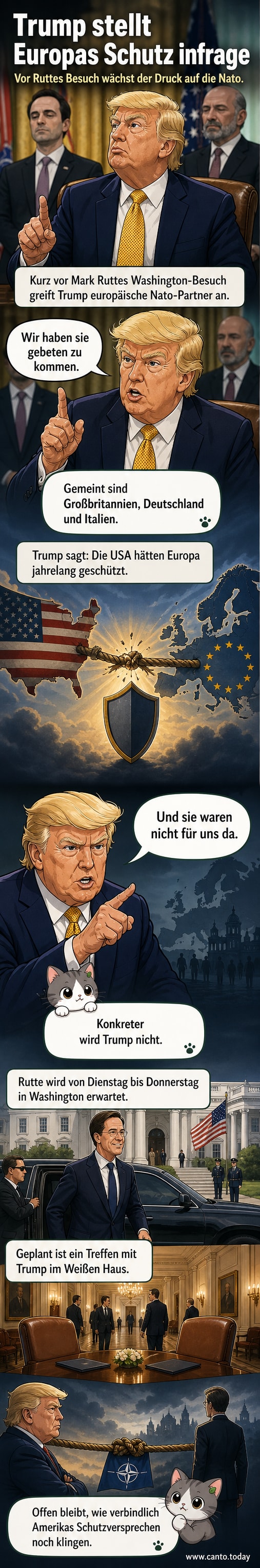 Illustration von Donald Trump, der vor einer Karte Europas steht und auf mehrere europäische Länder zeigt, während im Hintergrund das Weiße Haus und die Nato-Fahne zu sehen sind.