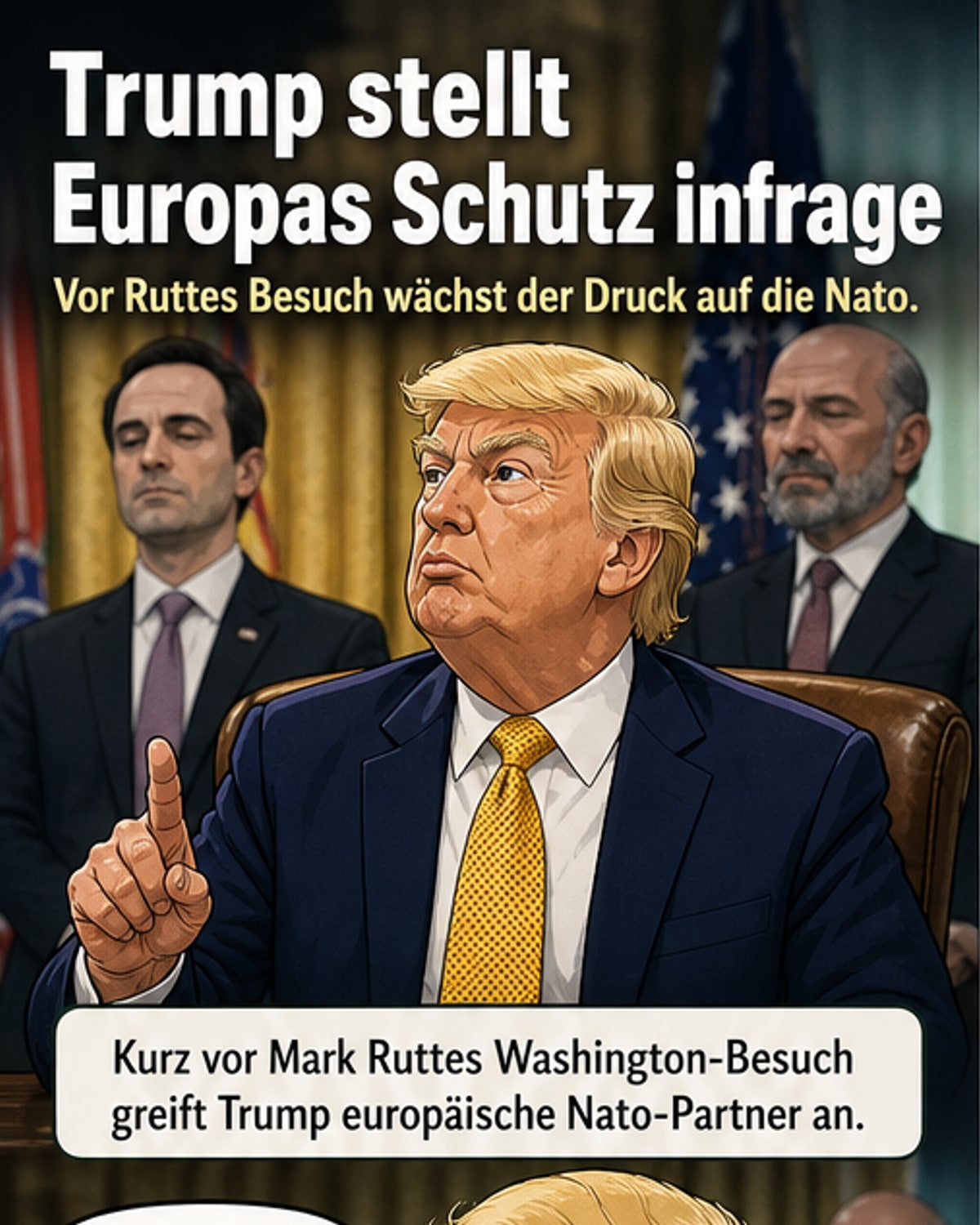 Illustration von Donald Trump, der vor einer Karte Europas steht und auf mehrere europäische Länder zeigt, während im Hintergrund das Weiße Haus und die Nato-Fahne zu sehen sind.