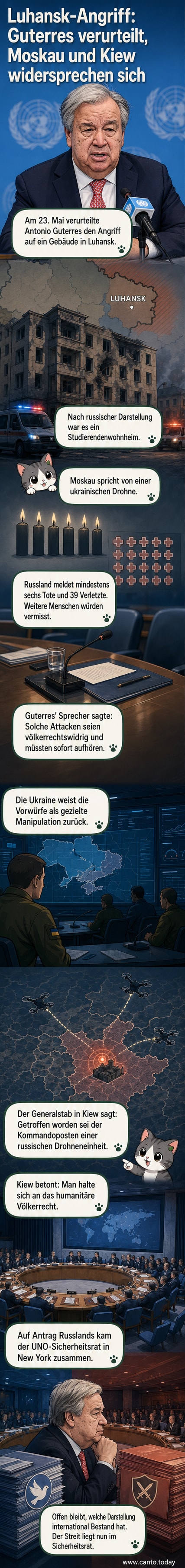 Symbolische Darstellung eines UN-Fahrzeugs vor rauchendem Gebäude in Luhansk, während Diplomaten im Hintergrund debattieren.