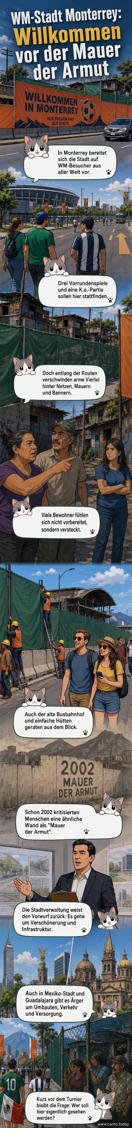 Grüne Sichtschutznetze und Willkommensbanner in verschiedenen Sprachen verdecken Holz- und Wellblechhütten in einem Armenviertel von Monterrey vor der WM 2026.
