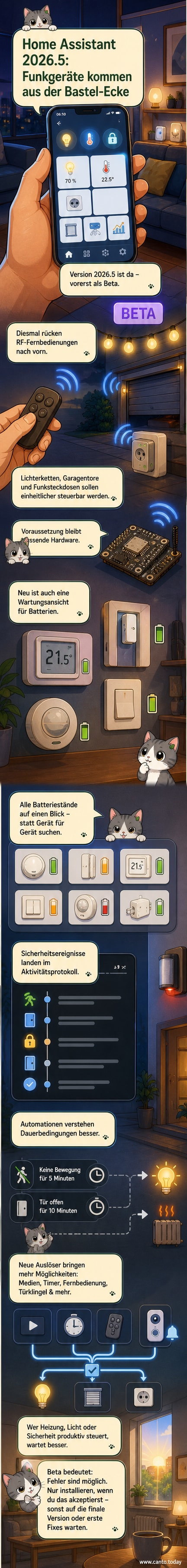 Illustration eines Smart-Home-Dashboards mit neuen Symbolen für Batteriewarnungen, Funksteuerung und zeitbasierte Automationen.