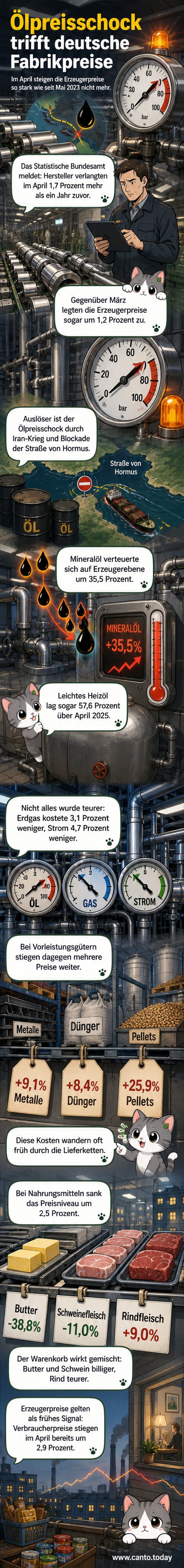 Ein Diagramm zeigt den sprunghaften Anstieg der deutschen Erzeugerpreise im April 2026, getrieben durch Energie- und Rohstoffkosten infolge des Iran-Kriegs.