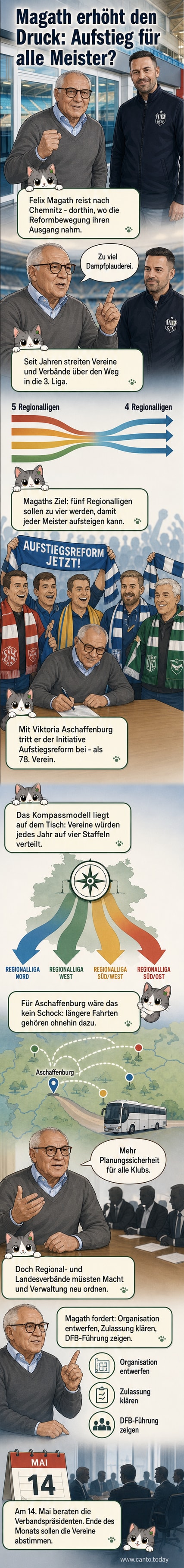 Felix Magath im Gespräch mit einem Vereinsvertreter vor einem Fußballstadion, im Hintergrund ein Schild mit der Aufschrift 'Aufstiegsreform'.