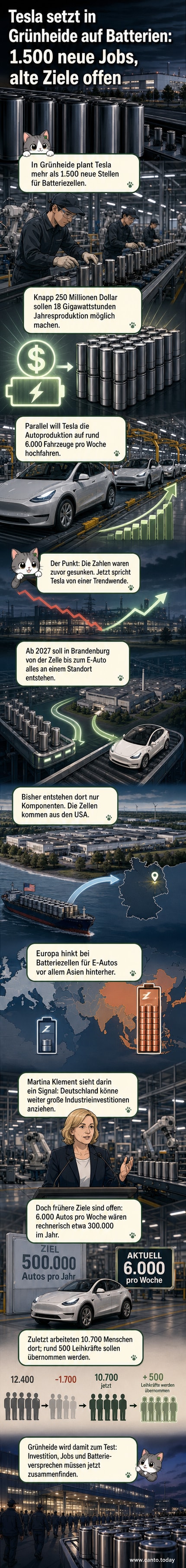Illustration einer modernen Fabrikhalle mit Batteriezellen und Tesla-Fahrzeugen, umgeben von grüner Landschaft in Grünheide bei Berlin.