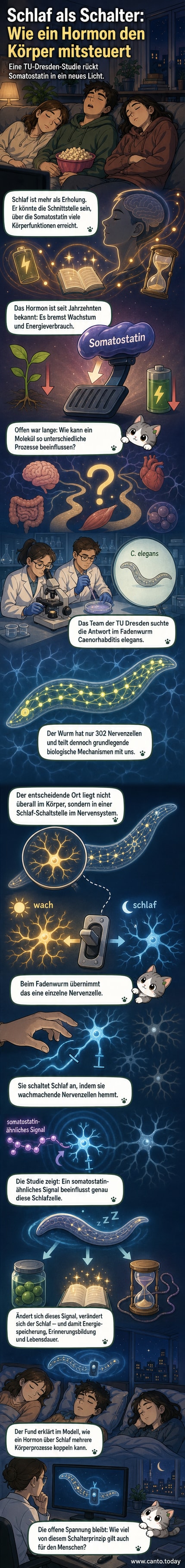 Illustration eines Fadenwurms mit hervorgehobenem Nervensystem und einem markierten Schlaf-Neuron, das über einen Schalter auf Stoffwechsel, Gedächtnis und Alter wirkt.