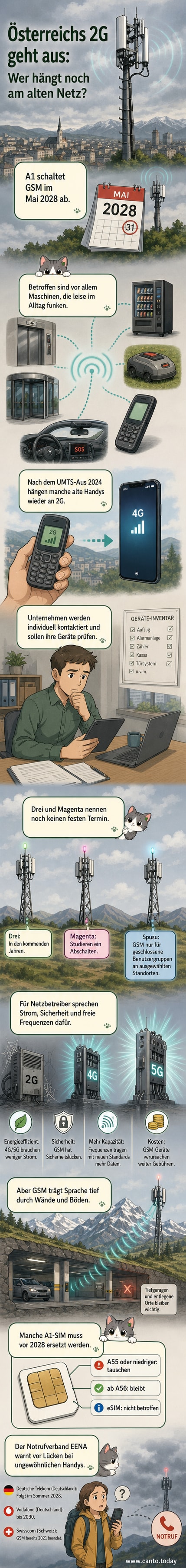 Illustration eines alten Handys mit GSM-Symbol, das langsam ausgegraut wird – dahinter ein modernes Netzwerk mit 5G-Signalen.