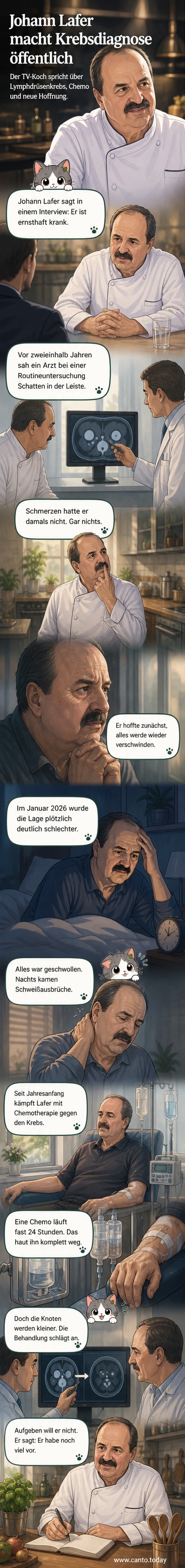 Johann Lafer im Gespräch, im Hintergrund medizinische Symbole und eine Infusionsflasche, die auf seine Krebstherapie hinweisen.