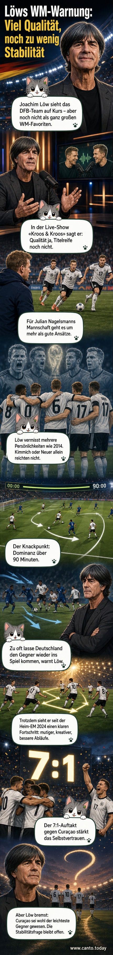 Illustration der deutschen Fußballnationalmannschaft mit Joachim Löw im Hintergrund, der auf fehlende Stabilität hinweist.
