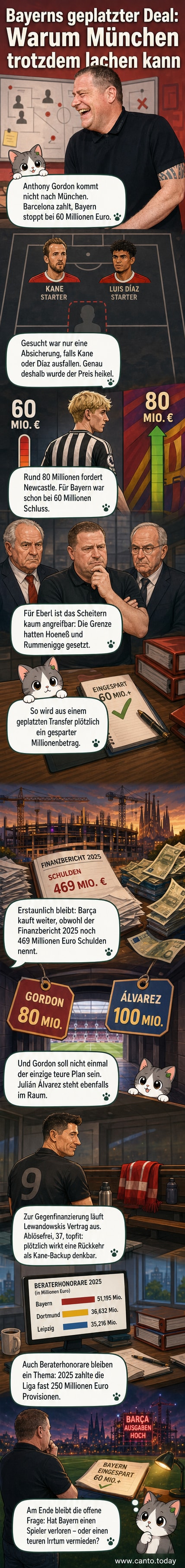 Karikatur eines fröhlichen Max Eberl, der Geld spart, während im Hintergrund ein Gordon-Trikot mit Barça-Logo hängt.
