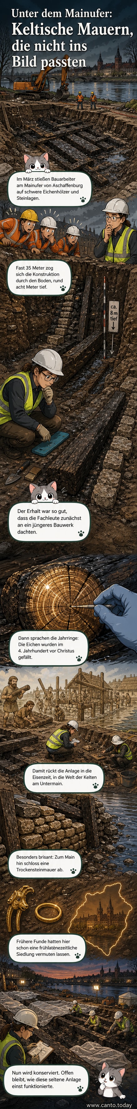 Freigelegte Holz-Stein-Konstruktion aus der Eisenzeit, acht Meter unter der Erde am Mainufer in Aschaffenburg, mit massiven Eichenbalken und Trockenmauer.