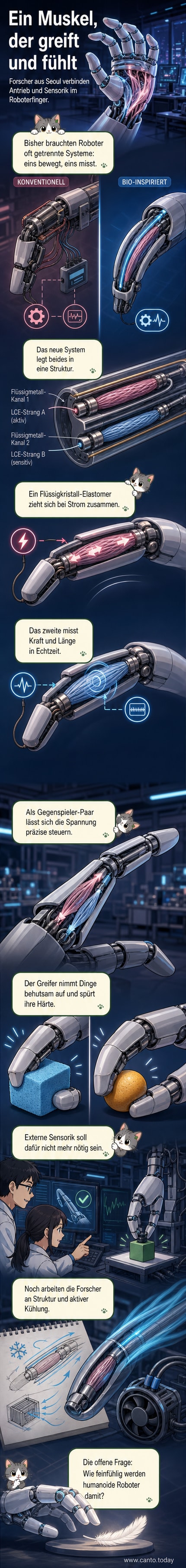 Illustration eines humanoiden Roboters mit detailreicher Darstellung eines künstlichen Muskels, der aus zwei flüssigmetallgefüllten Kanälen und LCE-Materialien besteht, die sich zusammenziehen und dehnen.