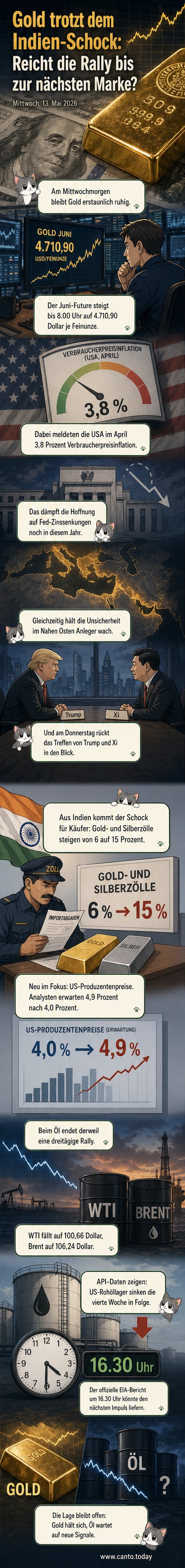 Grafik mit steigendem Goldpreis und Inflationskurve, daneben Symbole für US-Dollar und indische Flagge.