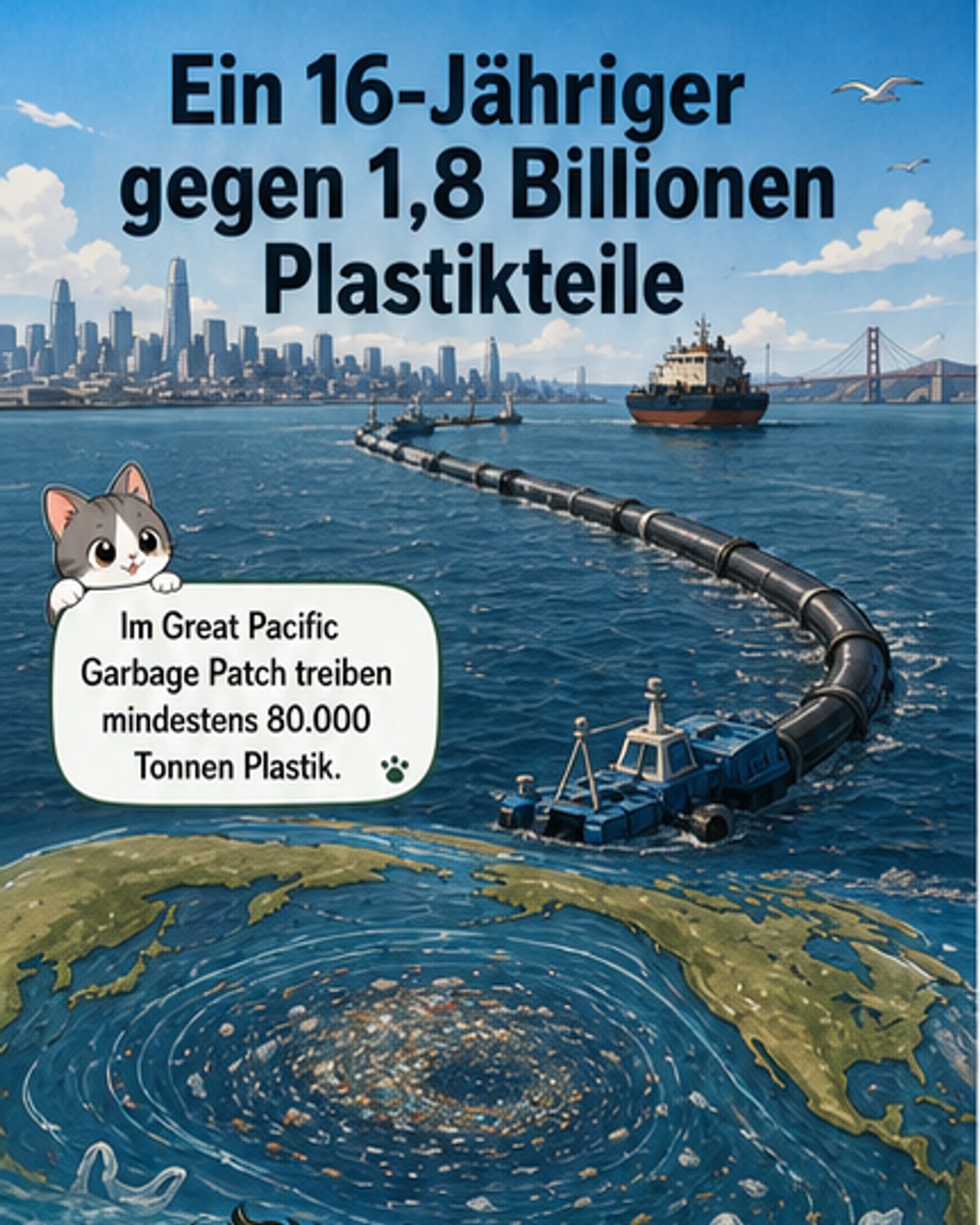 Ein junger Mann mit Sonnenbrille steht auf einem Schiff, das eine große U-förmige Barriere durch das Meer zieht, während im Hintergrund Plastikmüll im Wasser schwimmt.