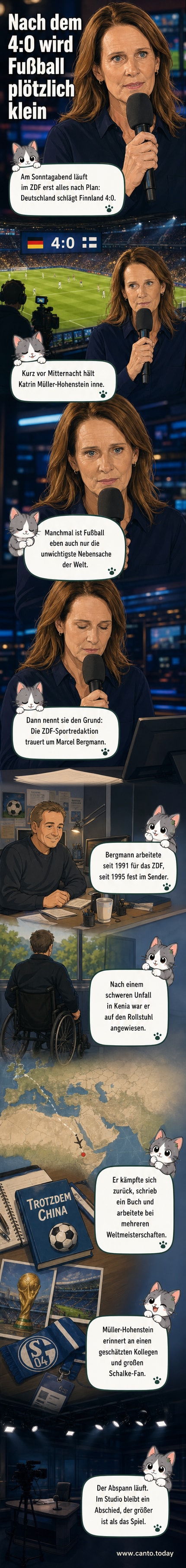 ZDF-Moderatorin Katrin Müller-Hohenstein spricht ernst in die Kamera, während im Hintergrund der Schriftzug 'ZDF Sport' zu sehen ist.