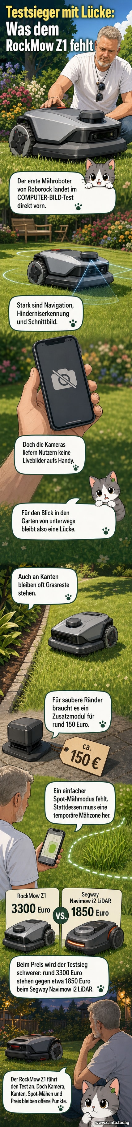Roborock RockMow Z1 LiDAR Mähroboter im Garten, mit Blick auf seine Kamera- und Sensortechnik.