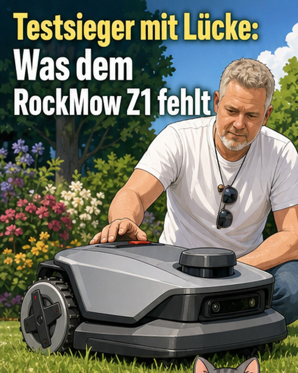 Roborock RockMow Z1 LiDAR Mähroboter im Garten, mit Blick auf seine Kamera- und Sensortechnik.