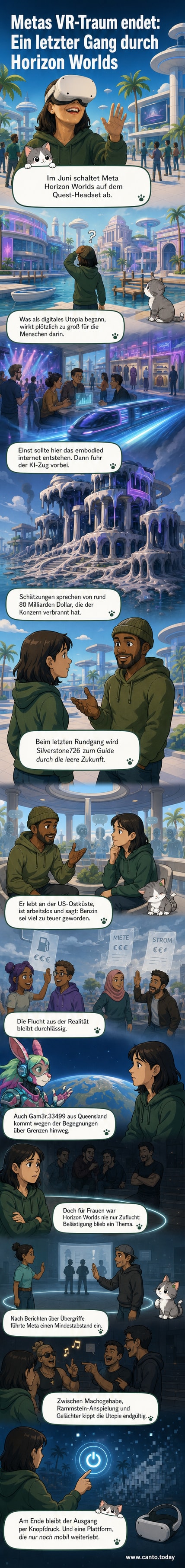 Ein Avatar in einer leeren, futuristischen virtuellen Welt mit Palmen, einem glänzenden Turm und verwaisten Geschäften – letzter Rundgang durch Horizon Worlds vor der Abschaltung.