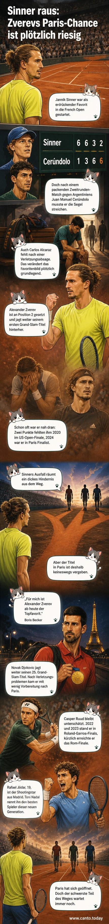 Alexander Zverev im French-Open-Outfit, im Hintergrund das Publikum von Roland Garros und die roten Sandplätze.