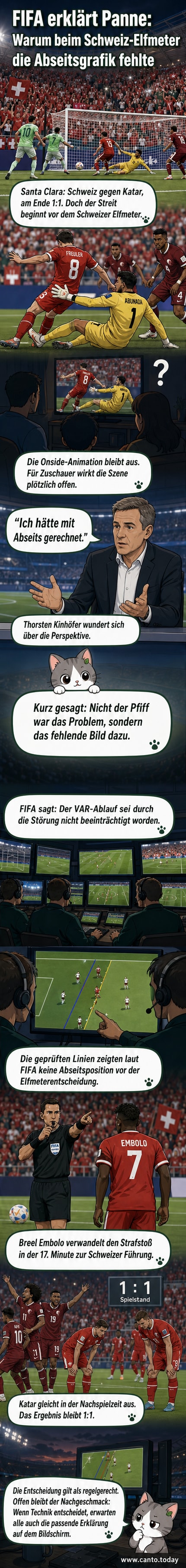Fußballspieler stehen im Mittelkreis, während auf einem Großbildschirm ein fehlerhaftes Abseits-Bild mit roter Linie und Warnsymbol angezeigt wird.