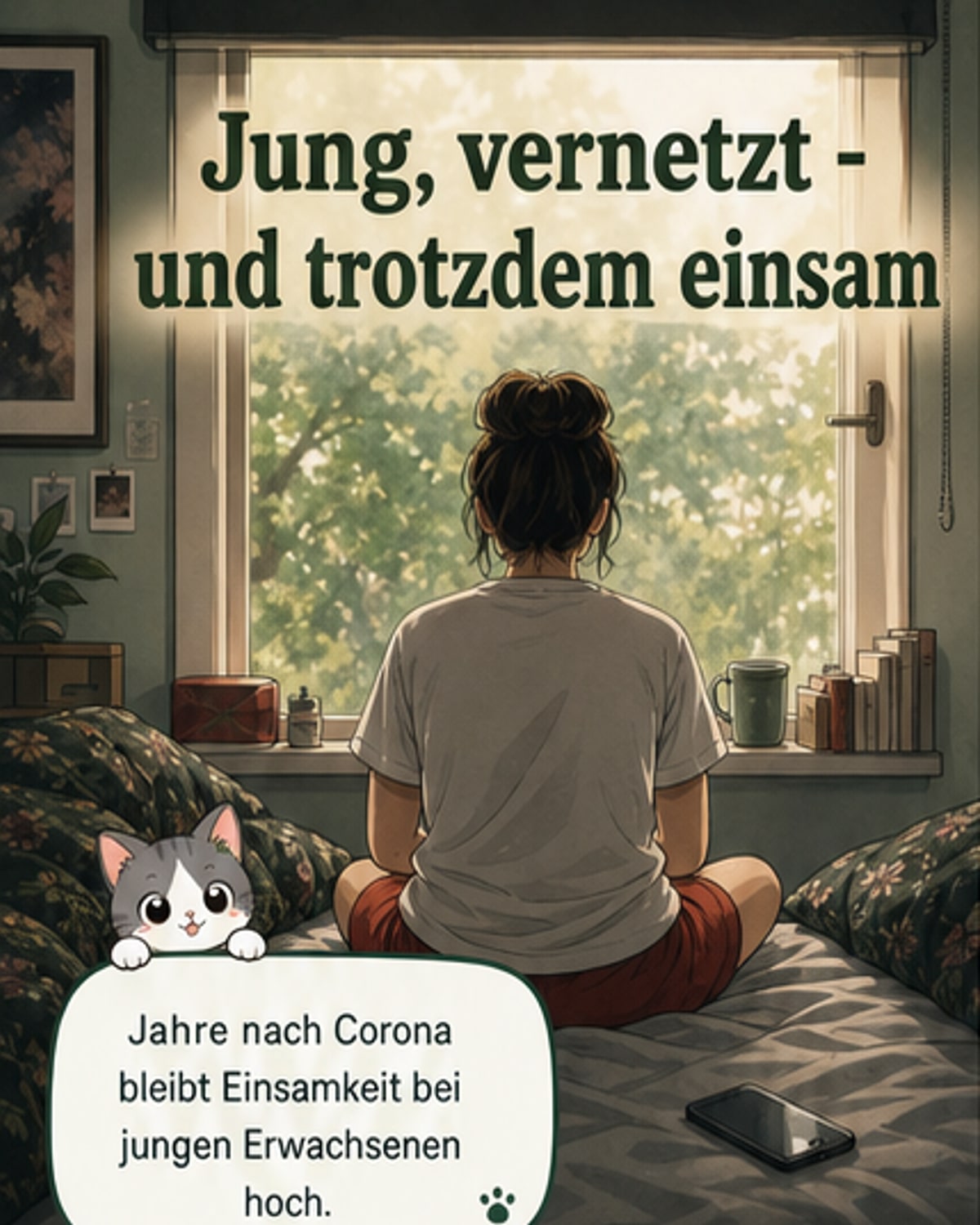 Symbolbild einer einsamen Person im Profil vor unscharfem urbanem Hintergrund, repräsentiert das Thema Einsamkeit bei jungen Erwachsenen.