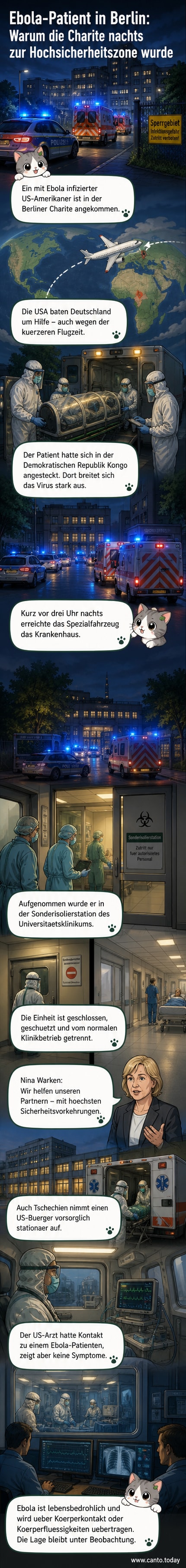 Polizeikonvoi mit Einsatzfahrzeugen eskortiert ein speziell ausgestattetes Krankenfahrzeug zur Charité in Berlin, wo ein Ebola-Patient aufgenommen wird.