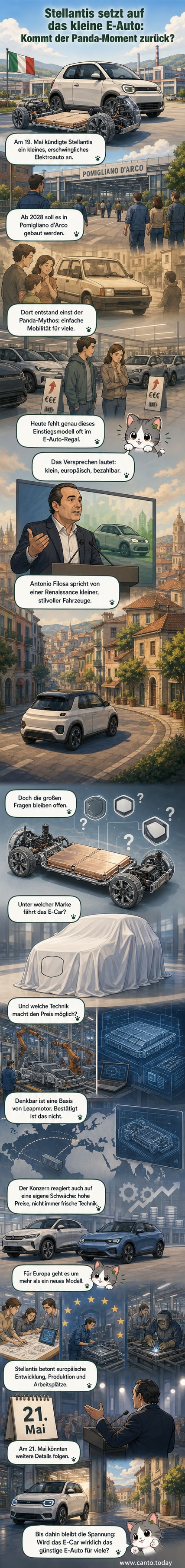 Illustration eines futuristischen, kompakten Elektro-Kleinstwagens vor der Kulisse des Stellantis-Werks in Pomigliano d’Arco, Italien.