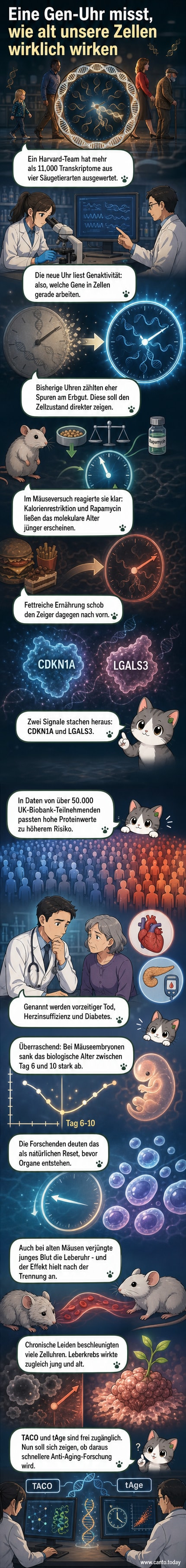 Illustration einer molekularen Uhr im Zellkern, die durch Gene wie CDKN1A und LGALS3 gesteuert wird, mit einem Hintergrund aus sich verjüngenden Embryozellen.