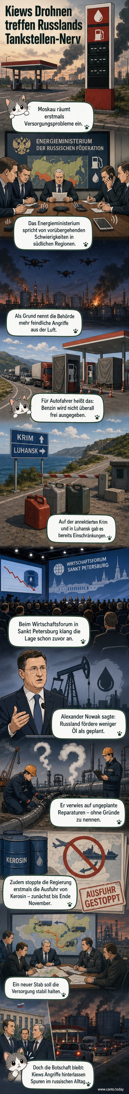 Illustration einer russischen Tankstelle mit Warnschildern und einer Drohne am Himmel, symbolisiert Kraftstoffknappheit durch Angriffe