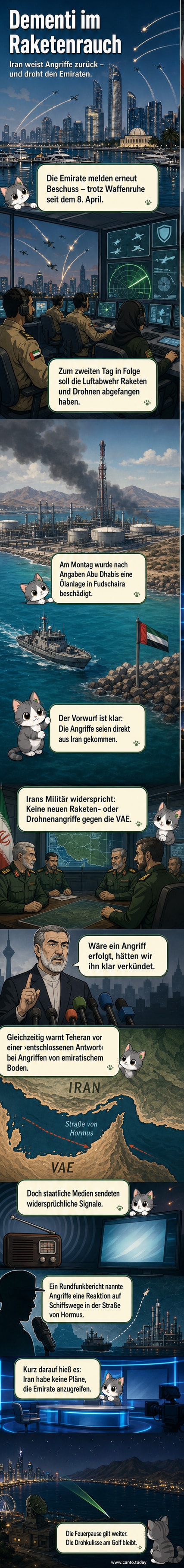 Illustration einer angespannten geopolitischen Szene: Iran und VAE an gegenüberliegenden Seiten des Persischen Golfs, mit Symbolen für Raketen, Drohnen und Schifffahrt in der Straße von Hormus.