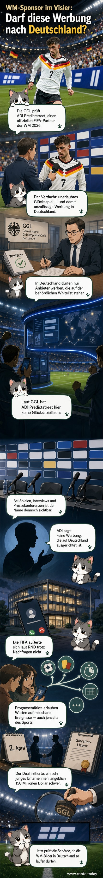Fußballstadion mit Bandenwerbung für ADI Predictstreet während eines WM-Spiels, davor ein Symbol für eine behördliche Prüfung.