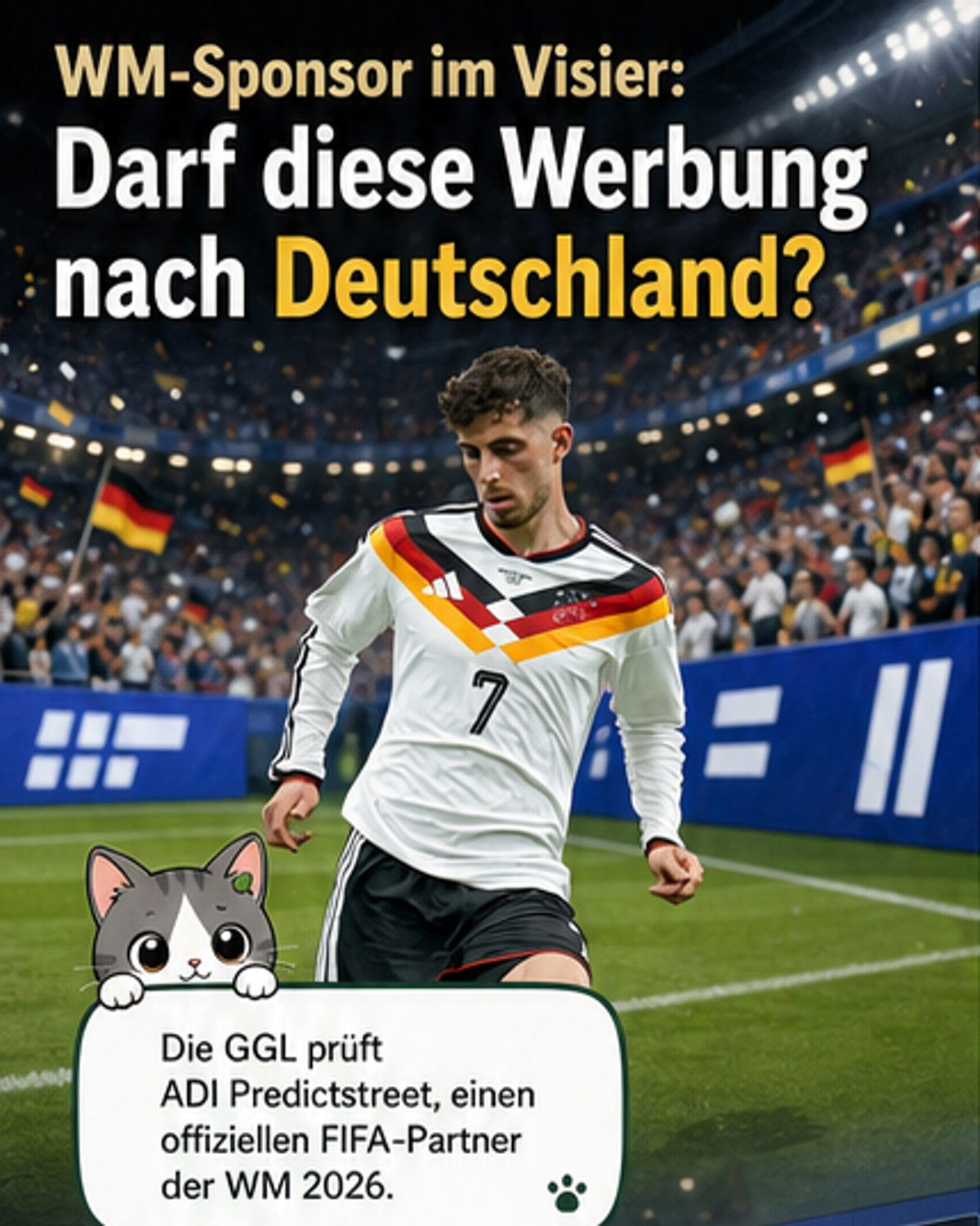 Fußballstadion mit Bandenwerbung für ADI Predictstreet während eines WM-Spiels, davor ein Symbol für eine behördliche Prüfung.